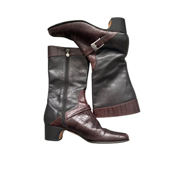 Brighton Gabby Leather Croc Choco Black and Brown Mid Calf Boots Size 6 M - Picture 3 of 11